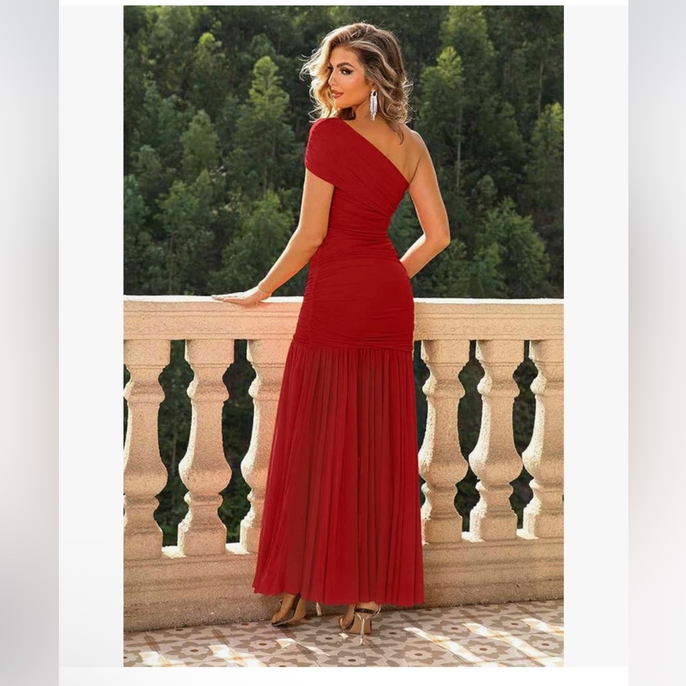One-Shoulder Red Maxi Mesh Dress - Picture 2 of 3